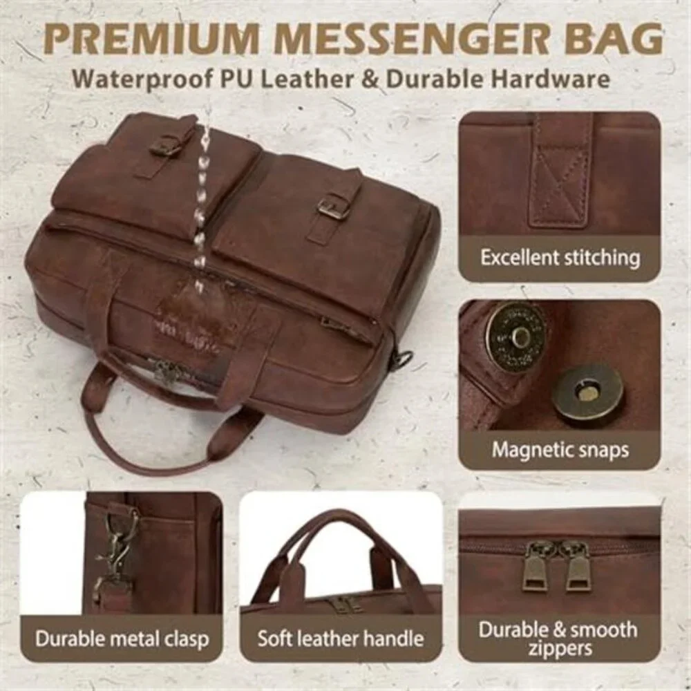 Men's Messenger Bag 16 Inch Leather Laptop Bag Briefcase Vintage Satchel Bag